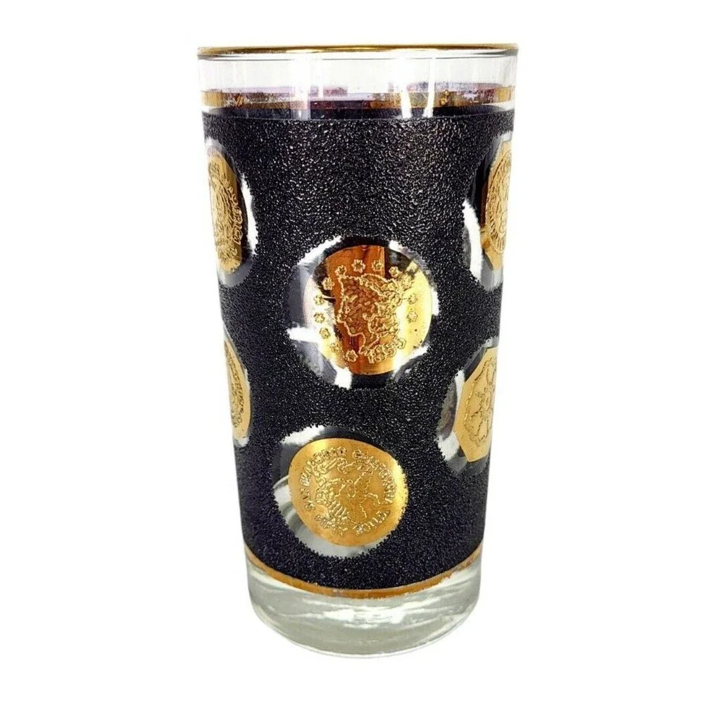 Vintage Libbey 60s MCM Black Gold Old World Coin Highball Tumbler Barware Glass